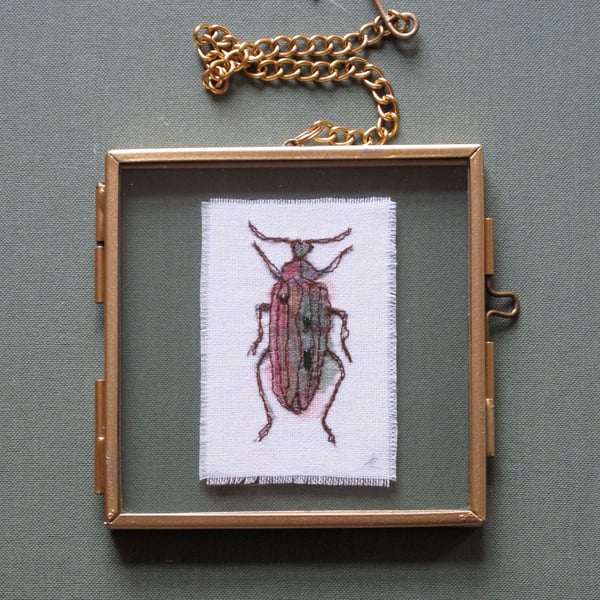 Embroidered Beetle in Metal and Glass Frame