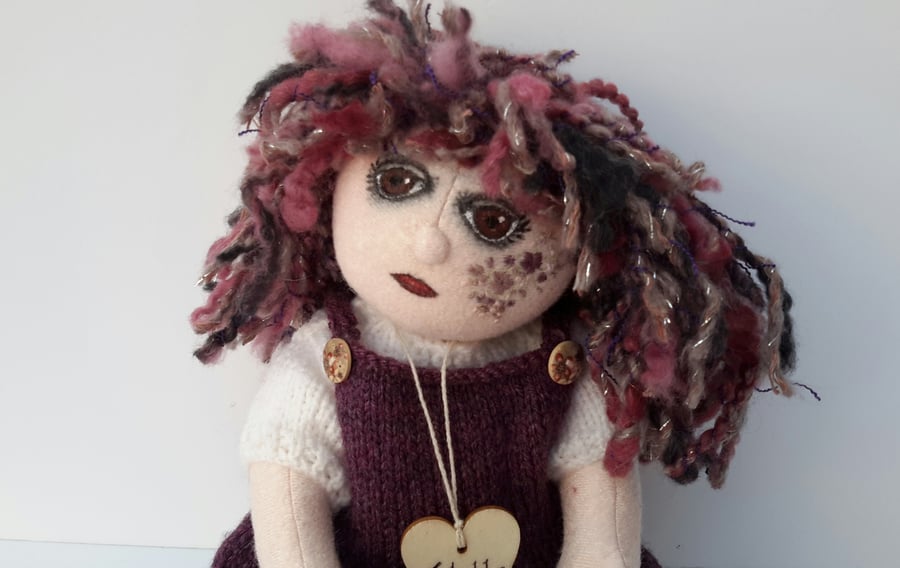 Tabitha, 16" Cloth Doll, Hand Embroidered Collectable Doll, Artist Doll 