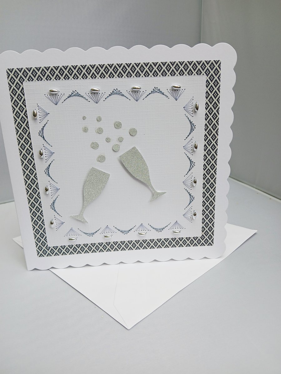 Congratulations Card with Glitter Champagne Glasses, embroidery and Beads