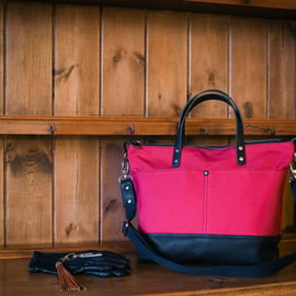 Raspberry pink canvas and black leather crossbody bag