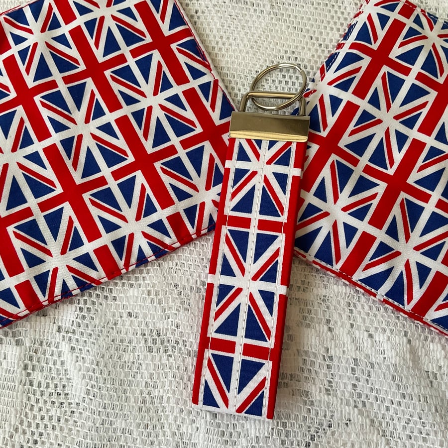 Rose and Hubble cotton fabric Union Jack Patriotic Handmade key fob coasters