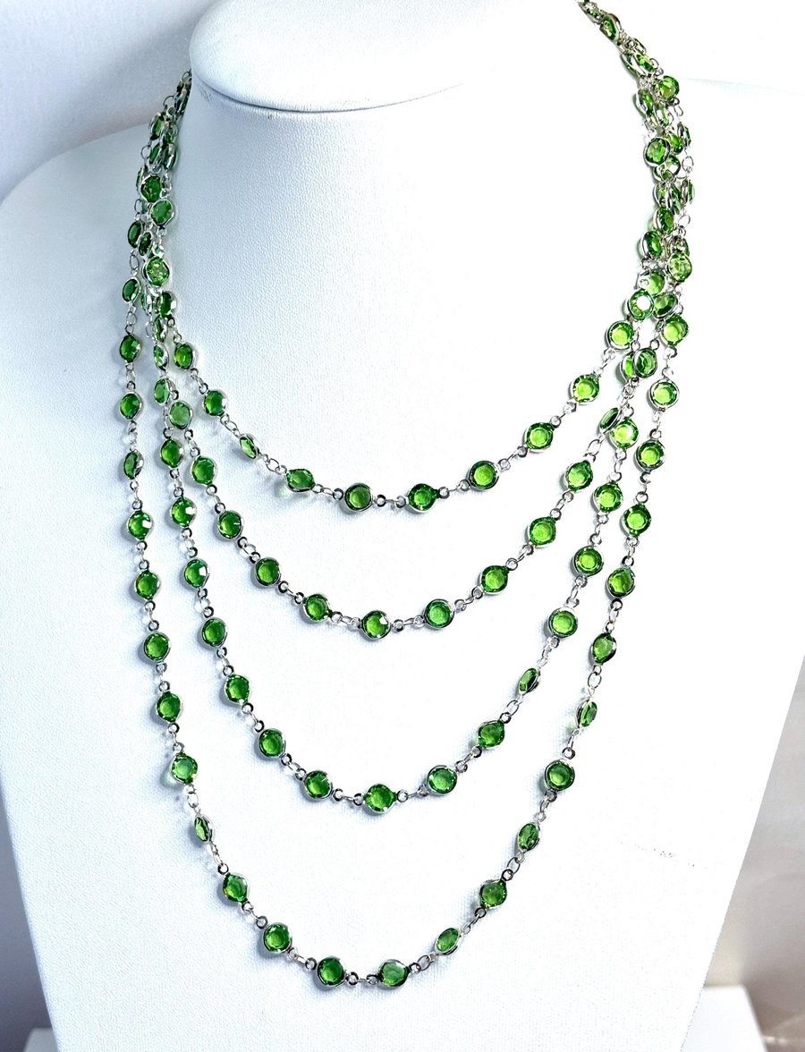 Extra Long Peridot Green CZ Crystal Chain Necklace, Silver Tone, 78 or 40 inch