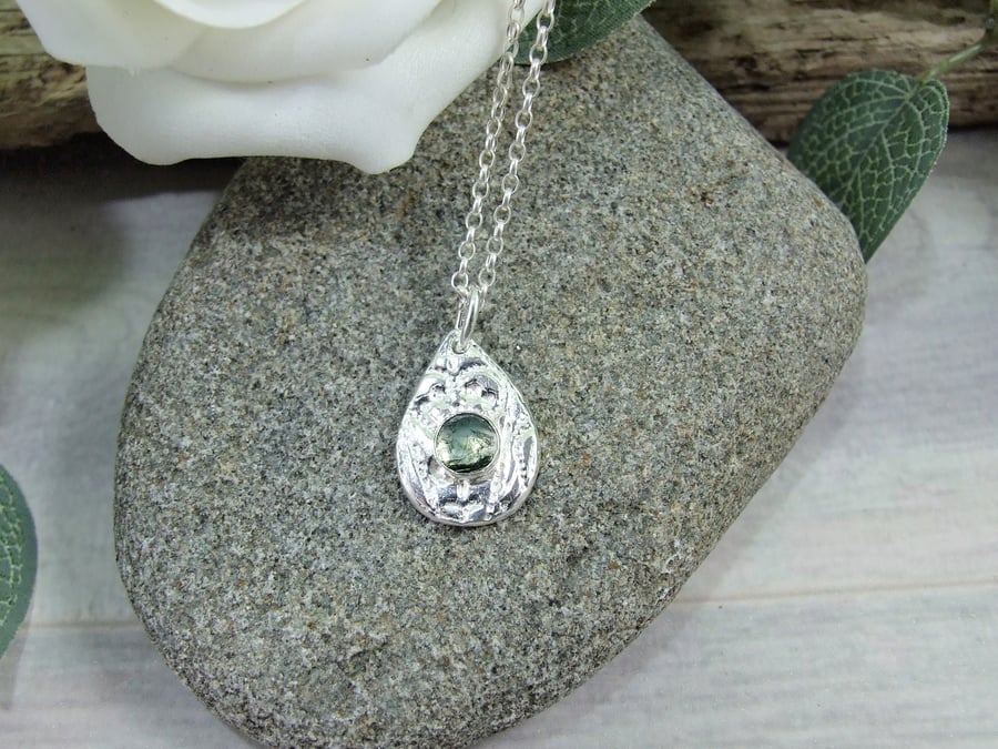 Silver Teardrop Necklace with Moss Agate