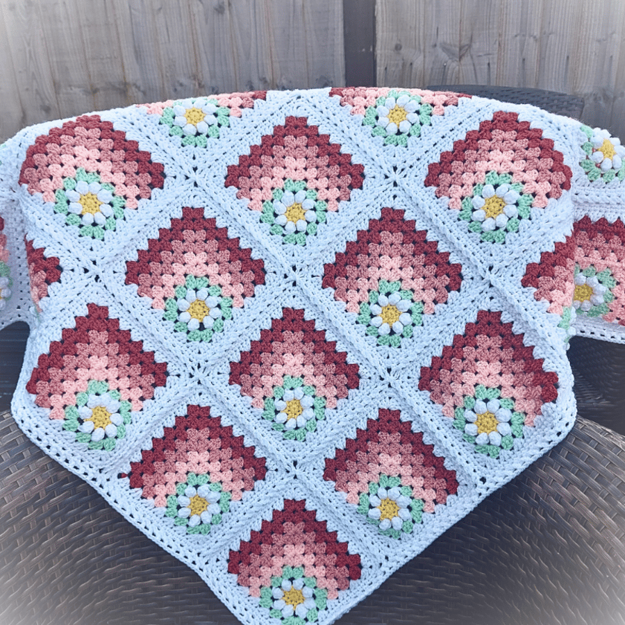 Handmade Crochet Daisy Baby Blanket – Peach Granny Squares - Ready to Ship 