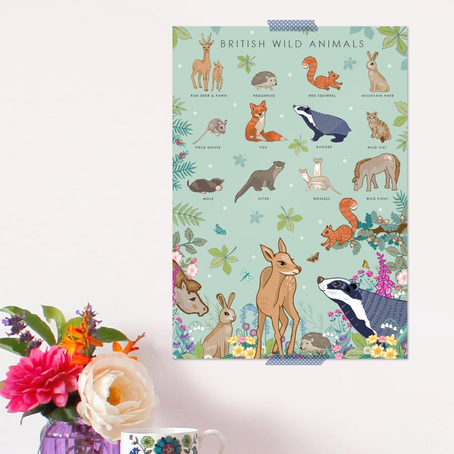 British Wild Animals Poster - Field Guide Poster - A3 sized