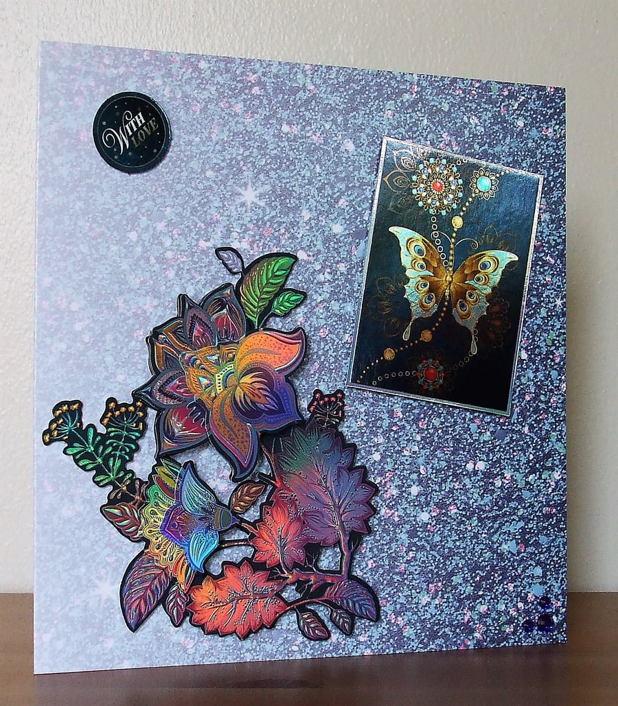 REDUCED Large Blank Card, Blue Butterfly and Flower