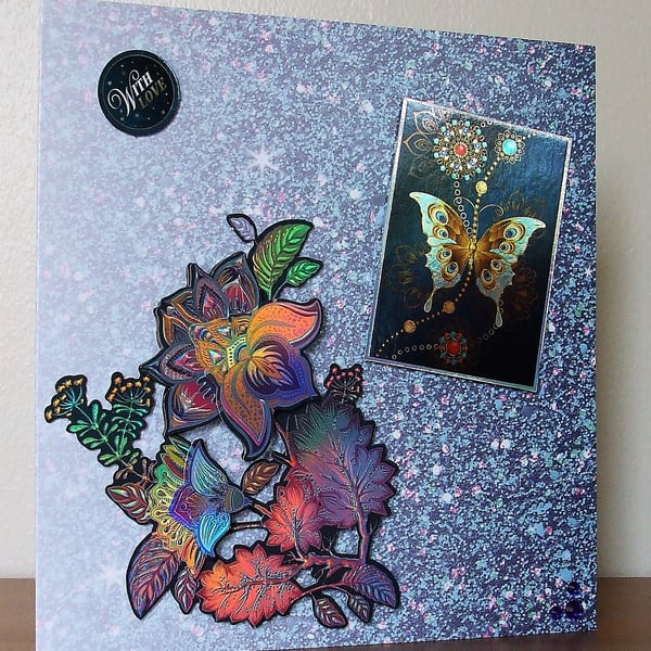 REDUCED Large Blank Card, Blue Butterfly and Flower