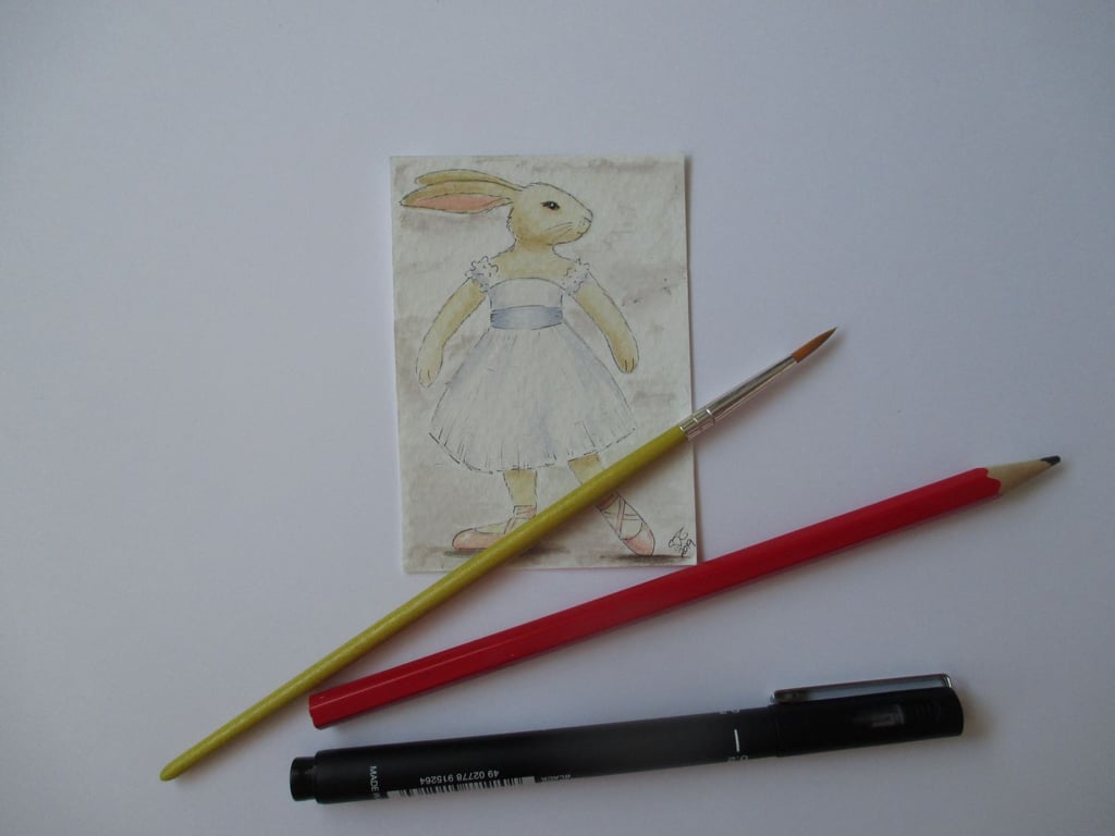 ACEO Bunny Rabbit Ballerina Ballet Dancing Bunny Rabbit Original Painting 004