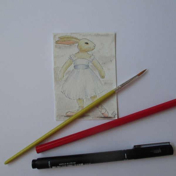 ACEO Bunny Rabbit Ballerina Ballet Dancing Bunny Rabbit Original Painting 004
