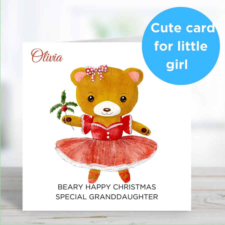 Ballerina Teddy Bear and Holly Personalised Christmas Card for Little Girl