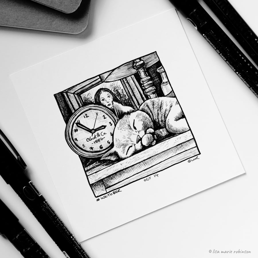 Clock - Day 14 - Inktober 2018 - Mini Cat Ink Drawing