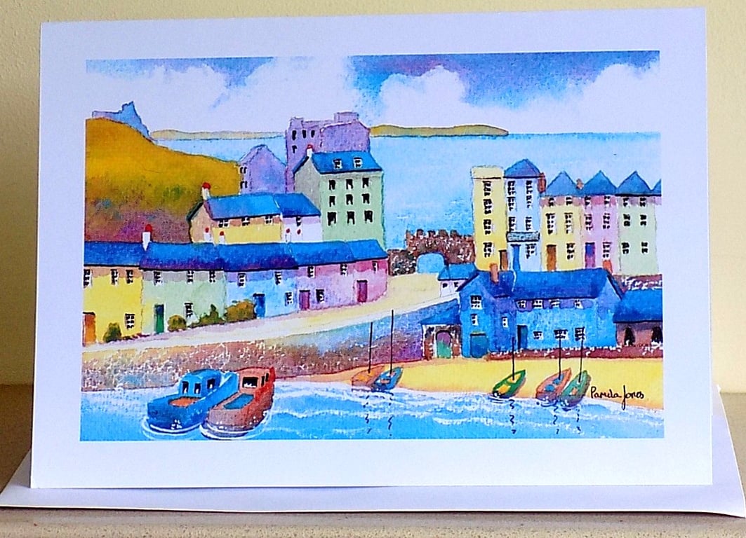 Art Greeting Card, Tenby Harbour, Pembrokeshire, Blank Inside, Size a5