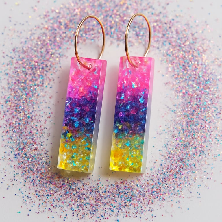 Rainbow Glitter Resin Drop Earrings – Slim Rectangle Hoop Dangles