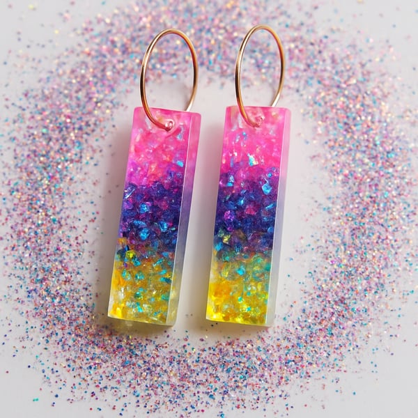 Rainbow Glitter Resin Drop Earrings – Slim Rectangle Hoop Dangles