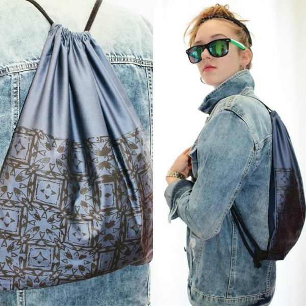Blue drawstring bag Handmade geometric print,up cycle lightweight backpack,gift 