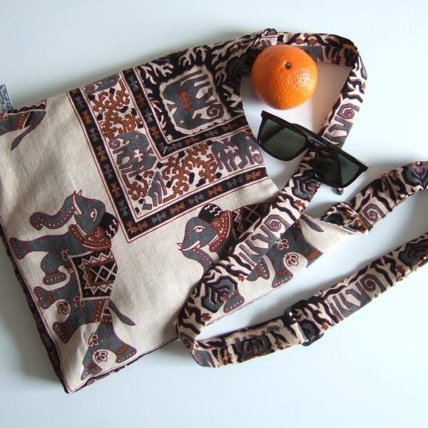 Sale messenger or across body bag in a vintage Indian elephant print