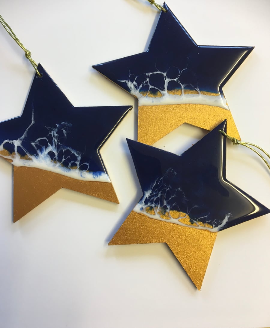 Christmas ornaments, ocean inspired, stars,  dark blue, set of 3, 
