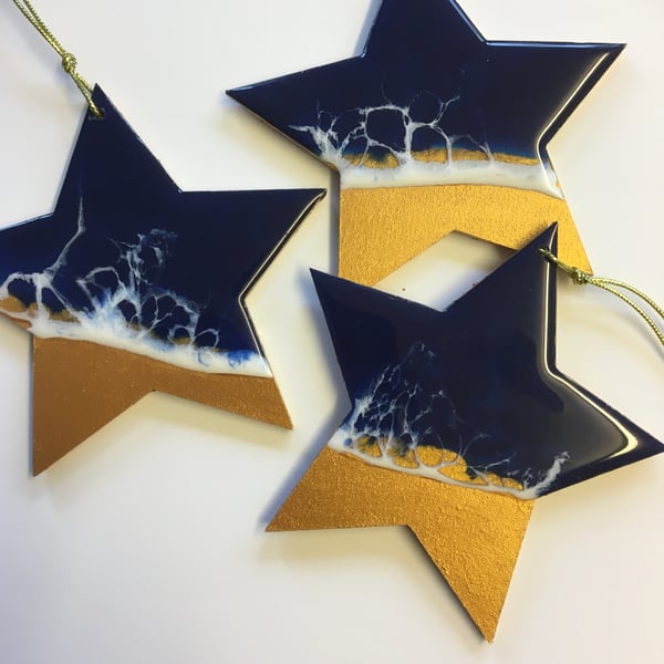 Christmas ornaments, ocean inspired, stars,  dark blue, set of 3, 