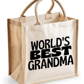 World's Best Grandma Midi Jute Shopper Canvas Lunch Bag Cute Grandma Granny Nan 