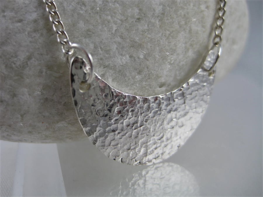 Sterling Silver Sparkly Hammerd Crescent Necklace 