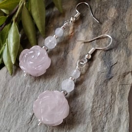 15mm Rose Quartz Carved Flower Silver Plated Earrings (HELP A CHARITY)
