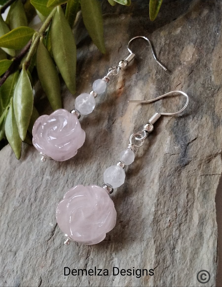 15mm Rose Quartz Carved Flower Silver Plated Earrings