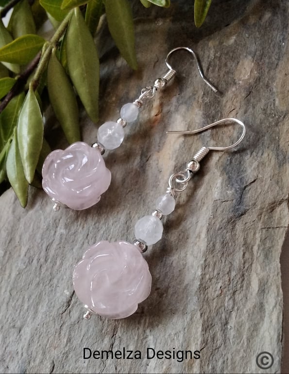 15mm Rose Quartz Carved Flower Silver Plated Earrings