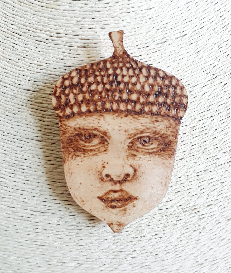 Pyrography Lady Acorn brooch