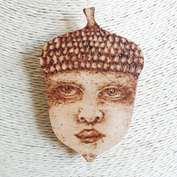 Pyrography Lady Acorn brooch