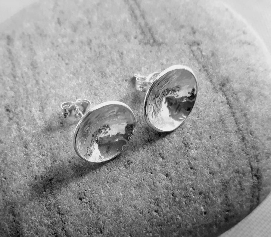 Sterling silver stud earrings, domed and hammered