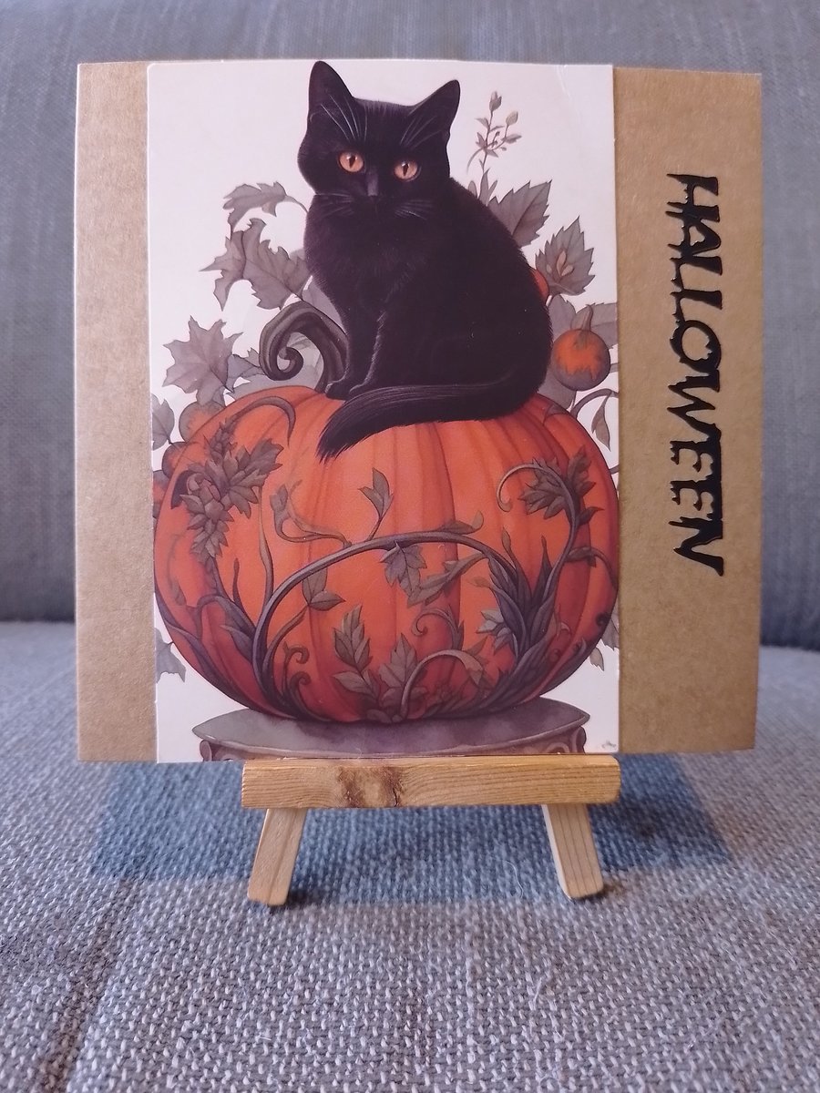 Black Cat on Pumpkin Halloween card handmade