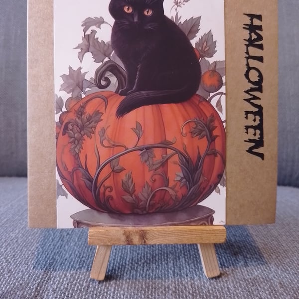 Black Cat on Pumpkin Halloween card handmade