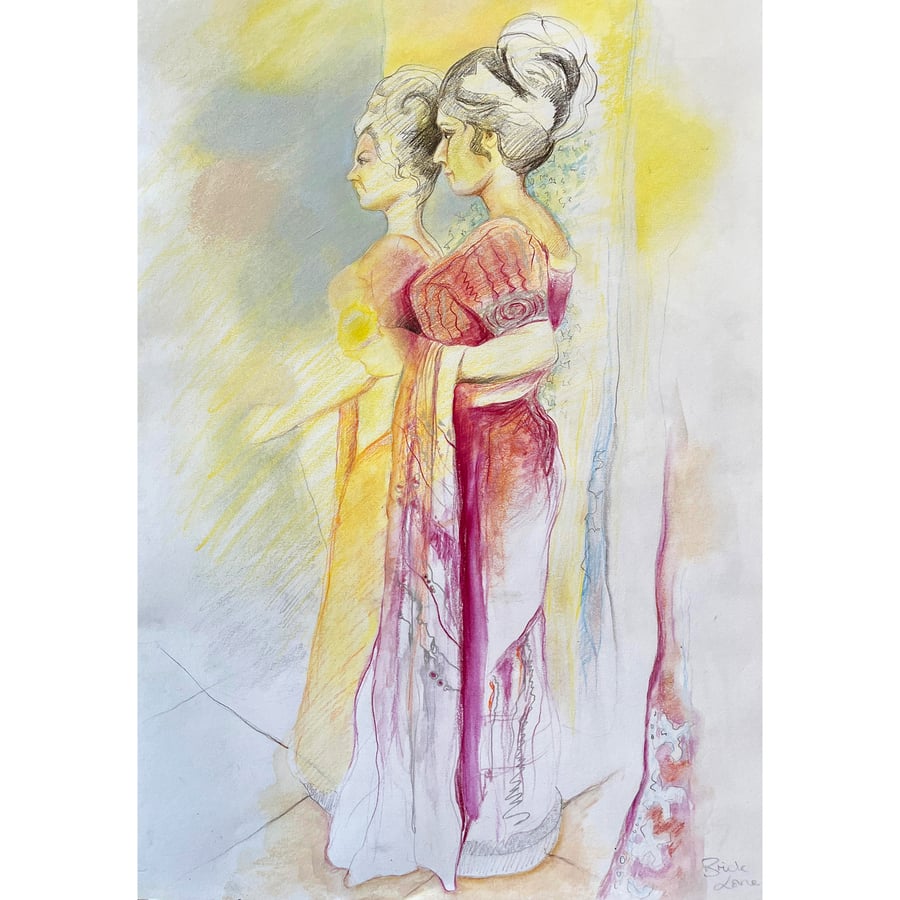 Figurative Drawing. In the window of a sari shop, Brick Lane. Watercolour pencil