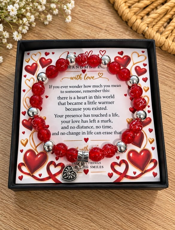 Red Beaded Stretch Bracelet with Silver-Tone Heart Charm – Handmade Jewellery