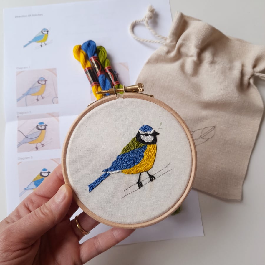 Full kit, Bluetit Bird Hand Embroidery Kit, bird art