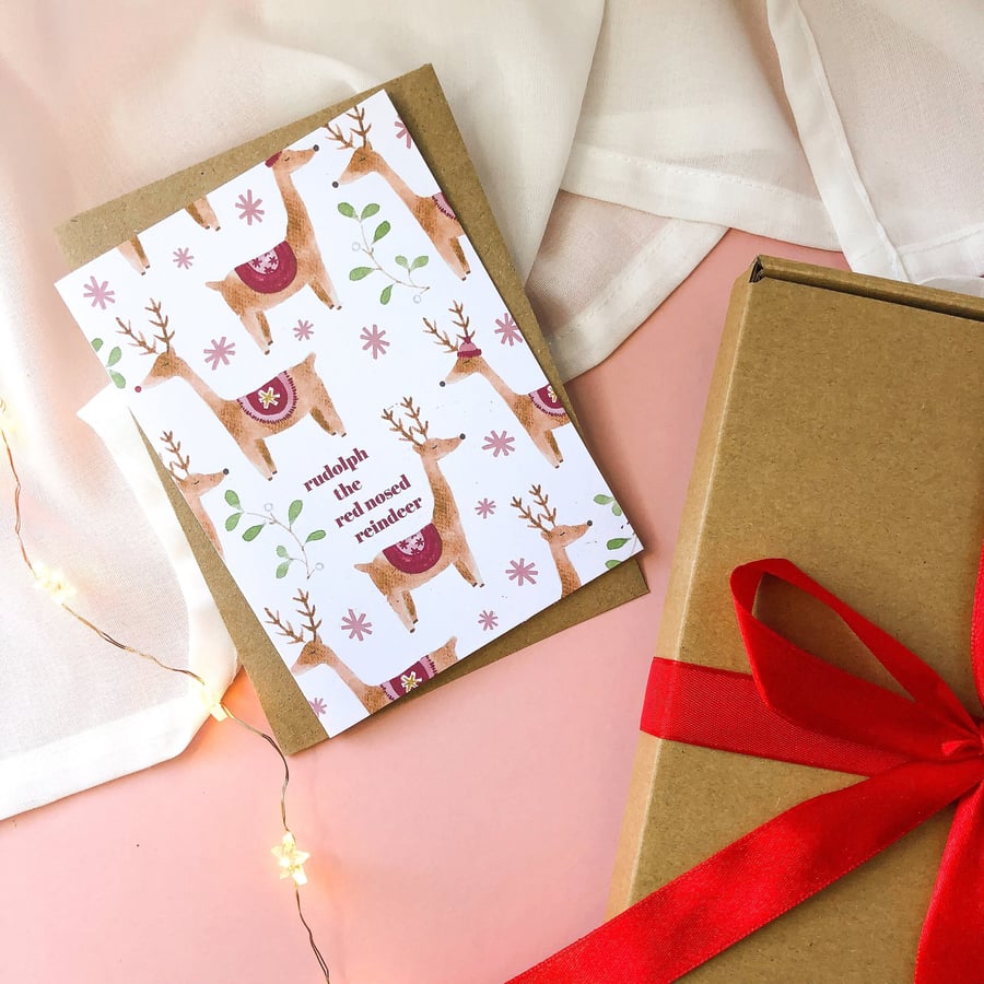 Rudolph the Red Nosed Reindeer Christmas Card A6 Illustrated Watercolour Card