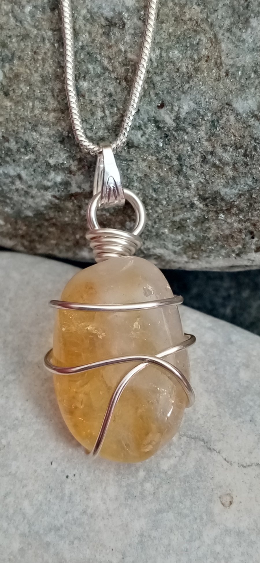 Wire-wrapped natural Citrine tumble stone 