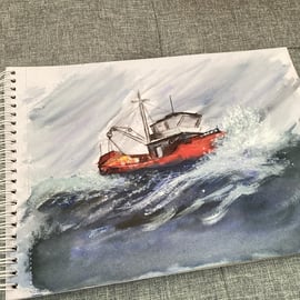 Fishing boat with crashing textured waves