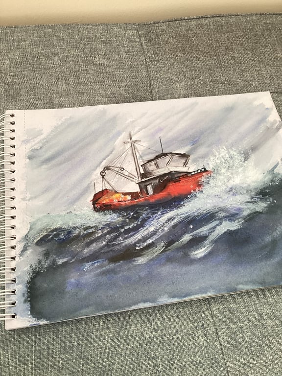 Fishing boat with crashing textured waves