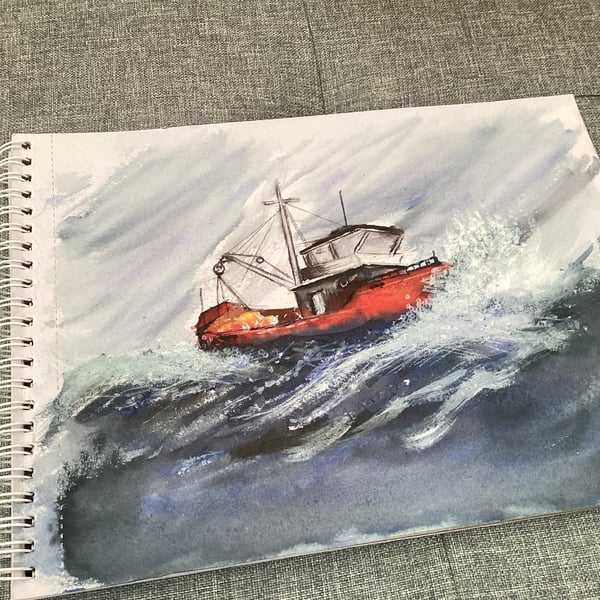 Fishing boat with crashing textured waves