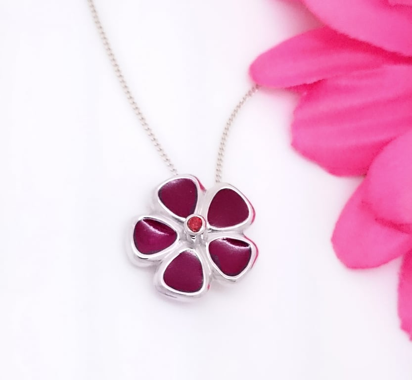 Sterling silver, Garnet and Enamel Flower Pendant
