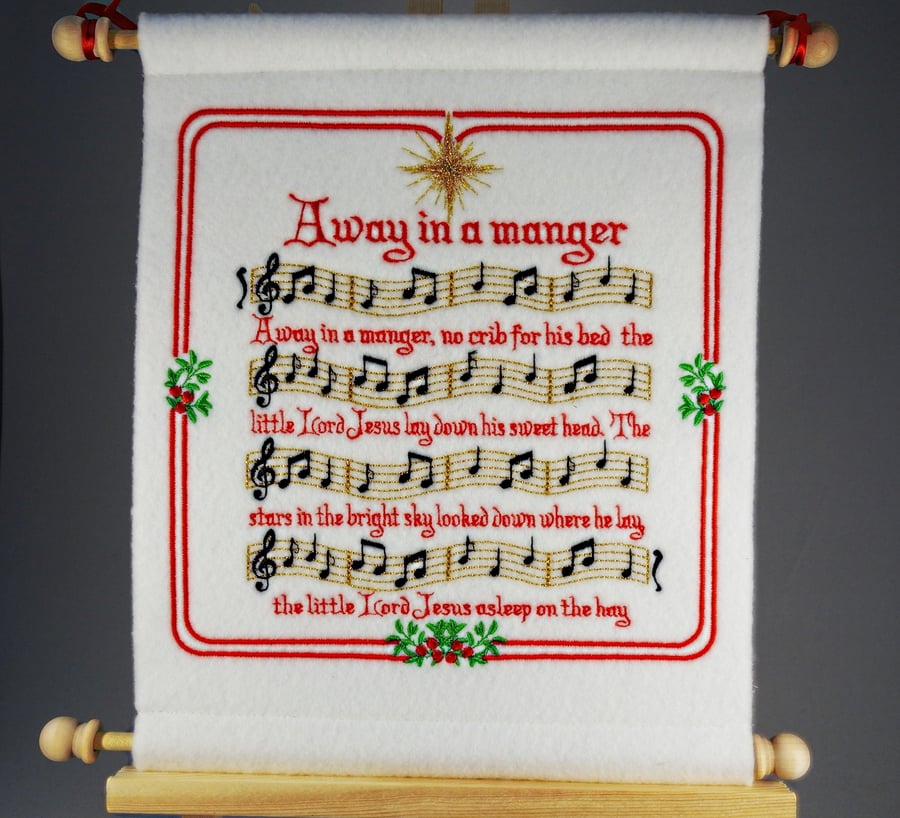 Away in a Manger. Hand Crafted, Embroidered Christmas Carol Wall Hanger