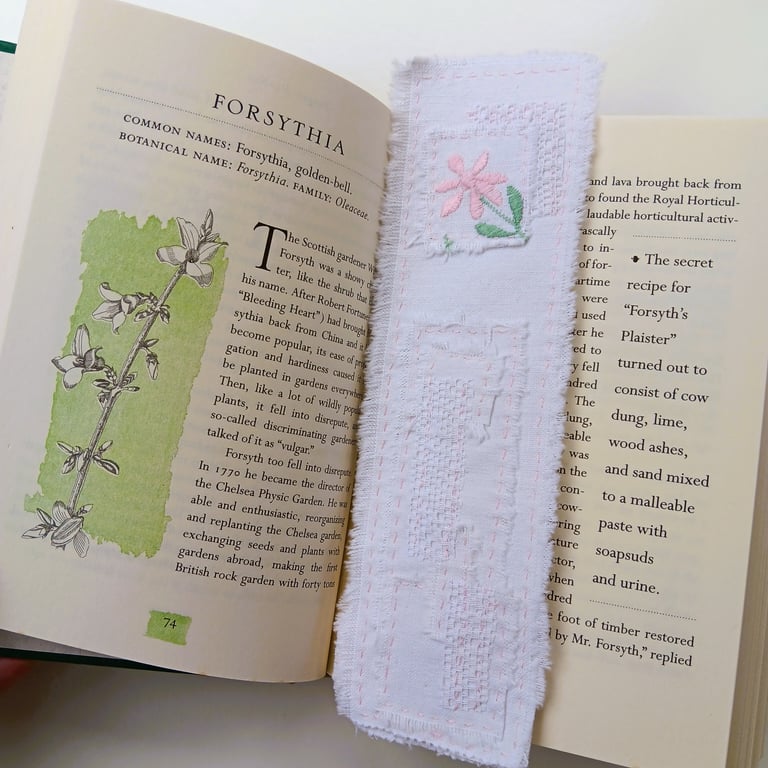 Hand Embroidered Bookmark - Pink Flower- Created using Upcycled Vintage Fabric