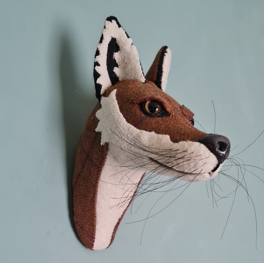 Faux fox wall mount in Prince of Wales check wool tweed fabric
