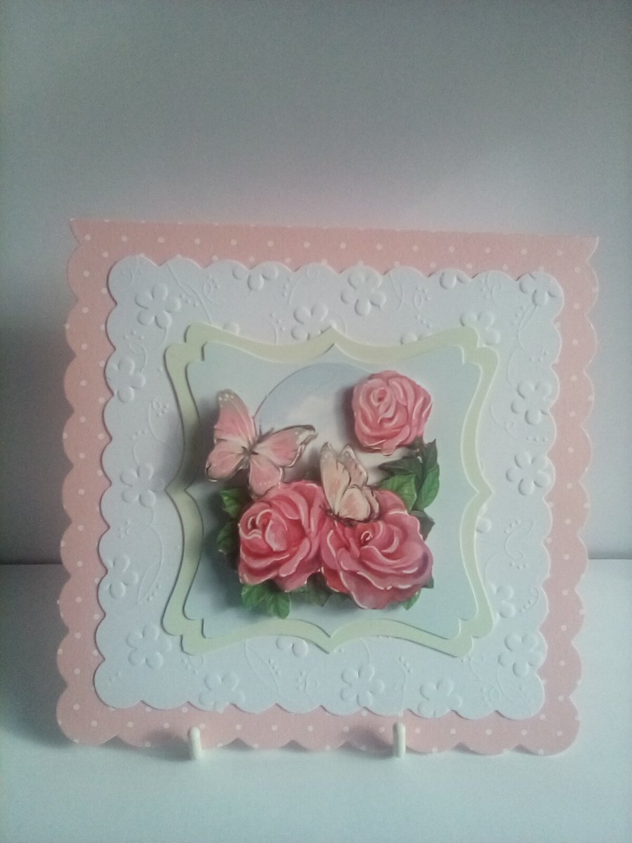 Decoupage butterflies and roses embossed all occasion open blank card.