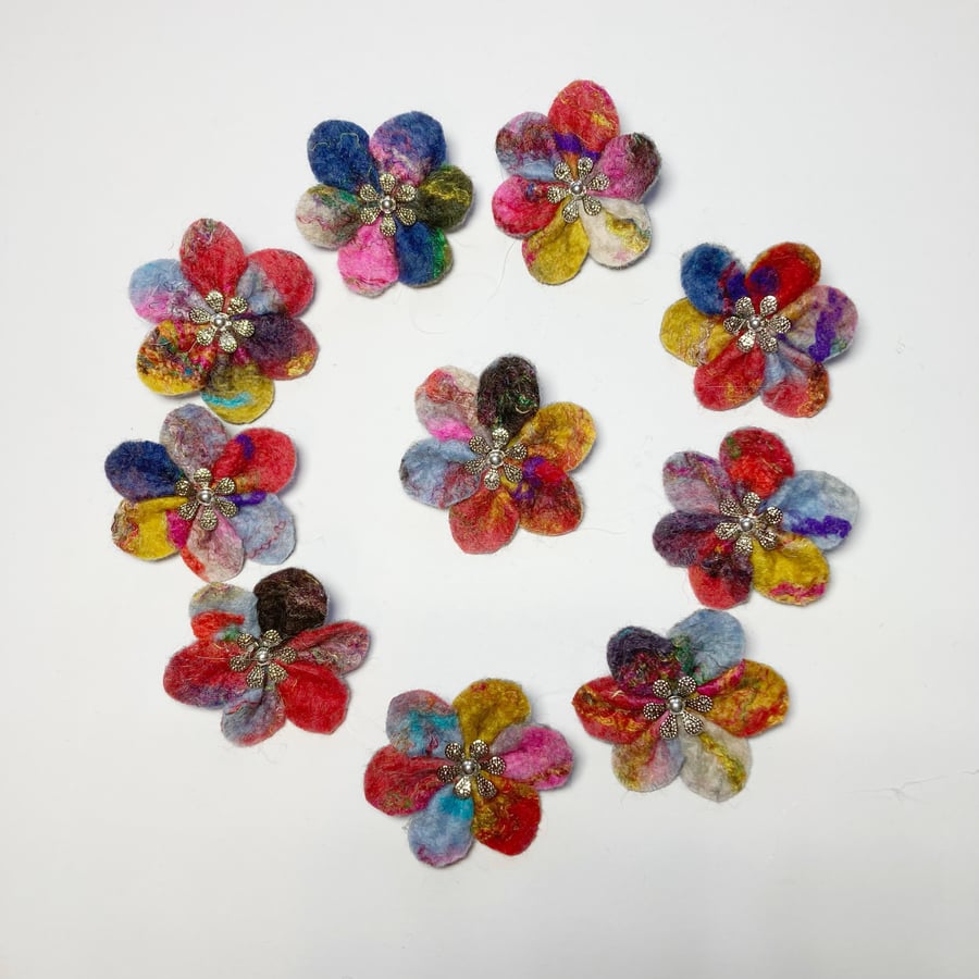 Multicoloured felt rounded flower brooch with antique silver centre