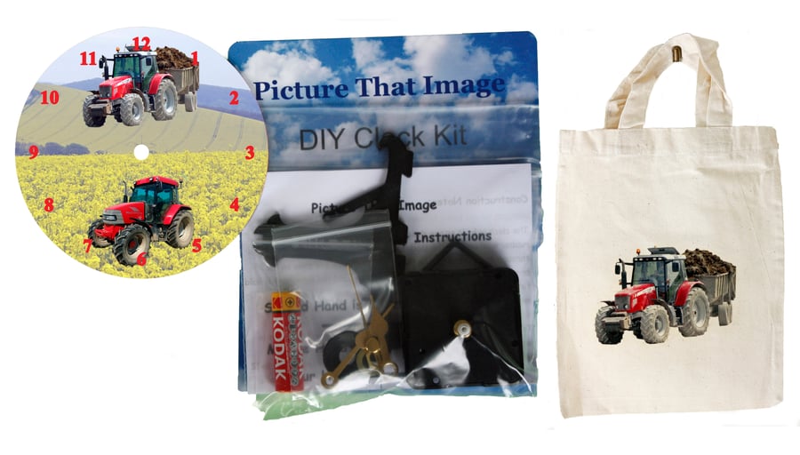 DIY 12cm Clock Kit Gift Set - Tractor in a Canvas Bag with a similar Motif
