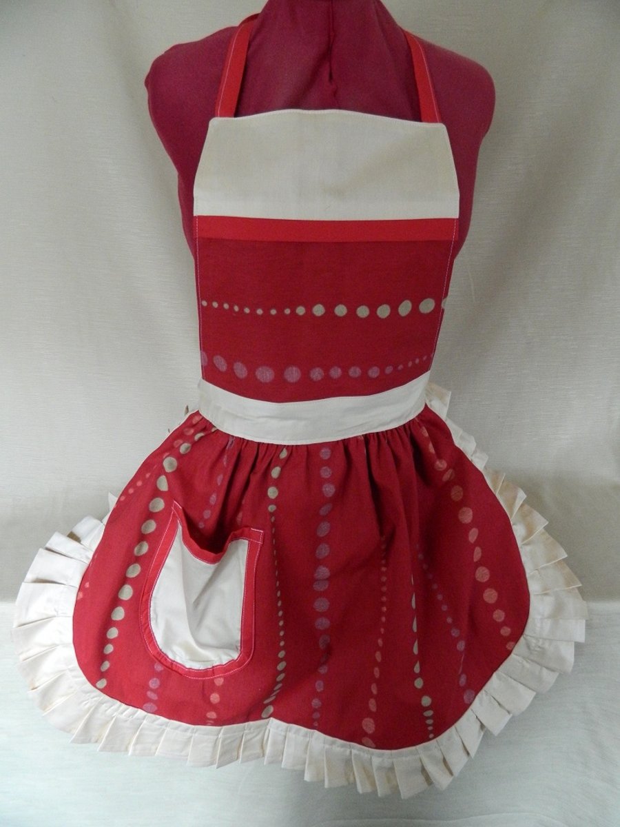 Vintage 50s Style Full Apron Pinny - Deep Red & Cream