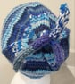 Handknit BLUES 3-5 TIE TOP BEANIE Stripey fairisle effect - Image 2