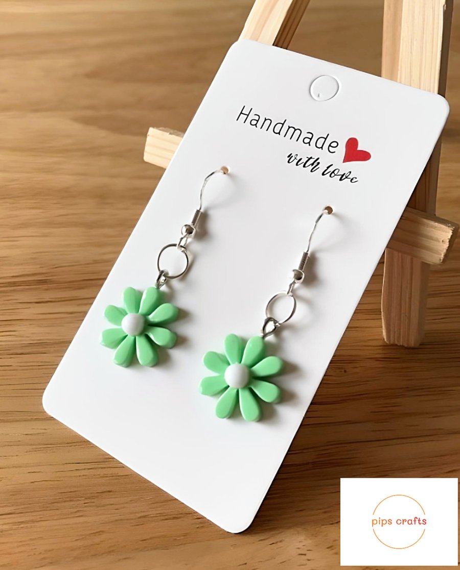Cute Daisy Earrings Green & White, 925 Silver Hooks, Flower Jewellery